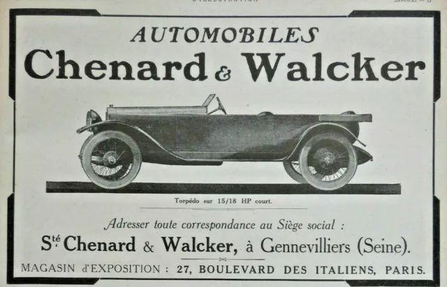 Publicité Presse 1920 Automobiles Chenard & Walcker Torpédo Sur 15/18 Hp Court