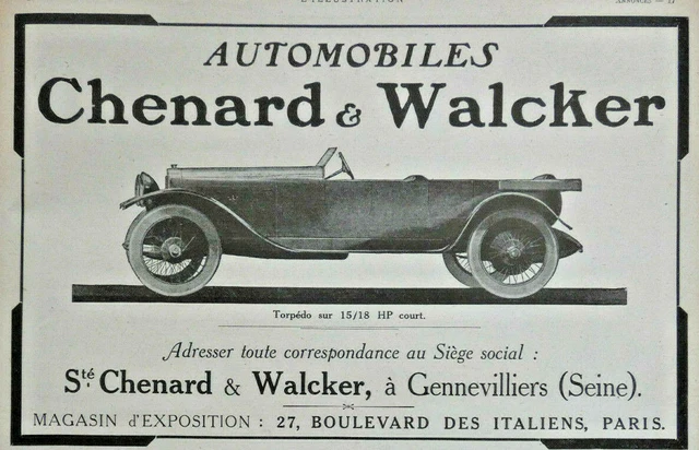 Publicité Presse 1920 Automobiles Chenard & Walcker Torpédo Sur 15/18 Hp Court