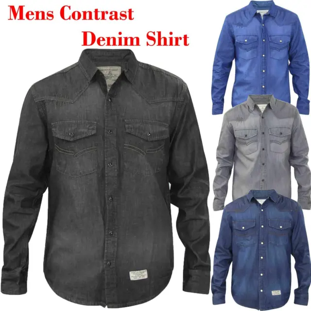 Mens Denim Shirts Contrast 100% Cotton Long Sleeve Snap Button Pockets S - 3XL