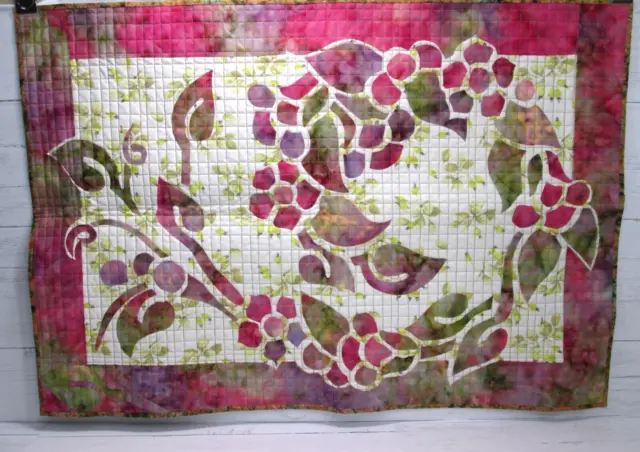 Artisan Handmade Wall Art Quilt Pink Green Floral Wreath Applique Batik Grid