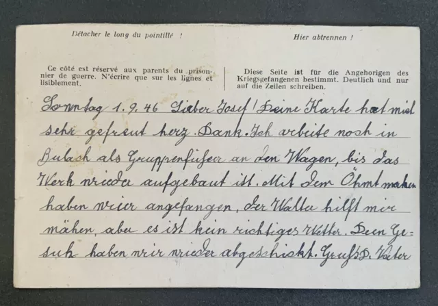Kriegsgefangenenpost, II. WK, Antwort-Postkarte Frankreich nach Karlsruhe/Baden 2