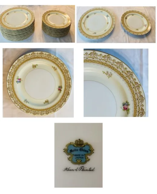 VINTAGE Meito Dinnerware Plates Hand Painted Yellow Gold Pink Rose 23-Piece Set