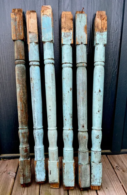 Antique Turned Wood Spindle Baluster Hardwood 34”Long Chippy Blue Green * ONE *