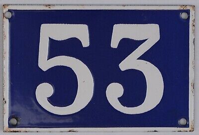 Old blue French house number 53 door gate plate plaque enamel steel metal sign