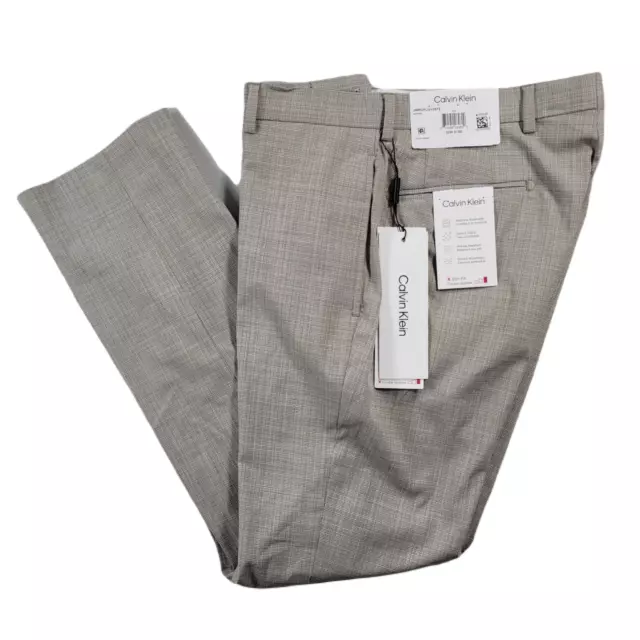 Calvin Klein Slim-Fit Grey Plaid Dress Pants Mens 32 x 30 Stretch Wrinkle Free