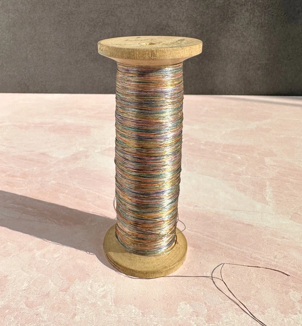Antique French Large Multicolor Metallic Thread Spool c.1900s Many Yards