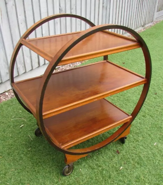 Original Art Deco Round Walnut Drinks Trolley Circular Tea Cocktail Server