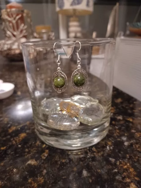 Lovely Green Diopside Ornate Earrings. Sterling Silver Hooks.