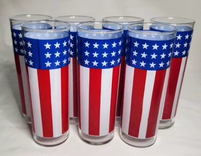 Libbey Red White and Blue Stars and Stripes Iced Tea Glasses Set of 7 12Oz USA