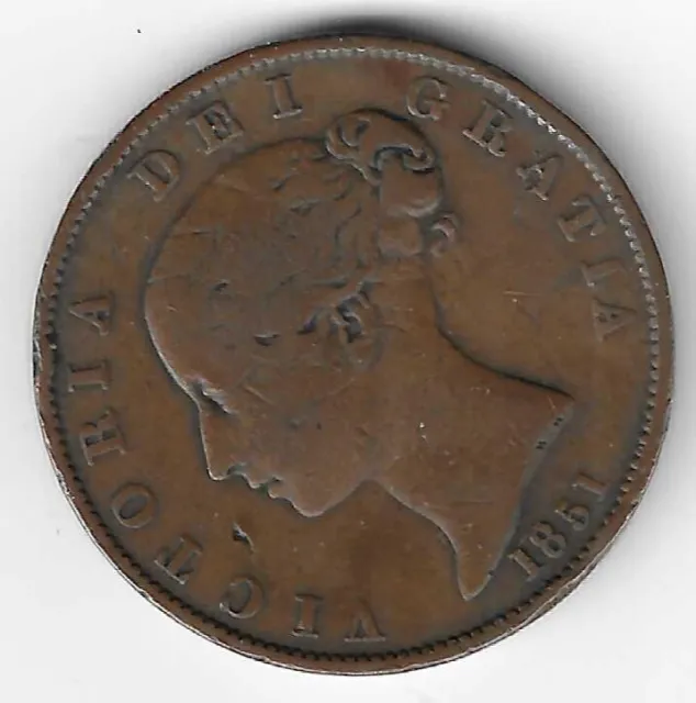 Queen Victoria Young Head Copper Halfpenny 1/2d 1851 Victorian British Coin