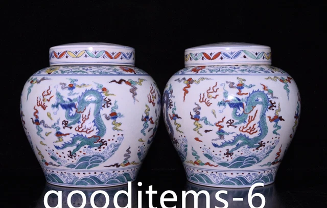 9"Old China Porcelain A pair of Ming Chenghua doucai dragon pattern covered jars