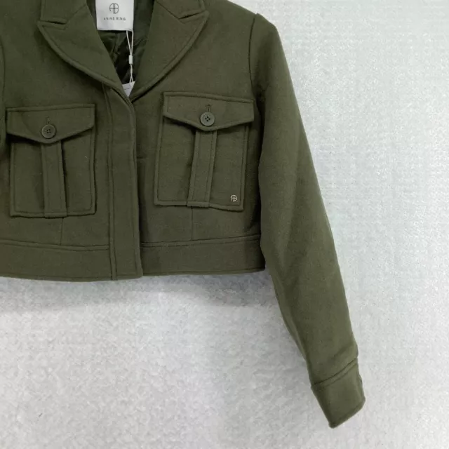 Annie Bing Womens Long Sleeve Peak Lapel Crop Army Green Military Jacket Size XS 3