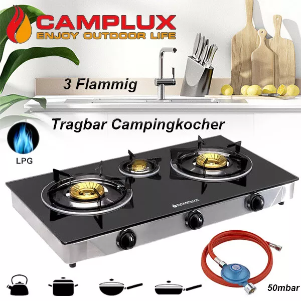 CAMPLUX Gaskocher 3 Flammig Gaskochfeld 6,25 kW Glas Kochfeld LPG Campingkocher