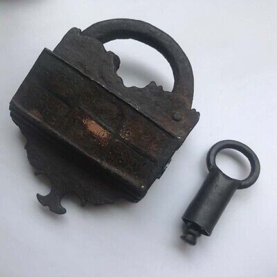 Early 18th C Iron padlock or lock with SCREW TYPE key nice decorative shape.