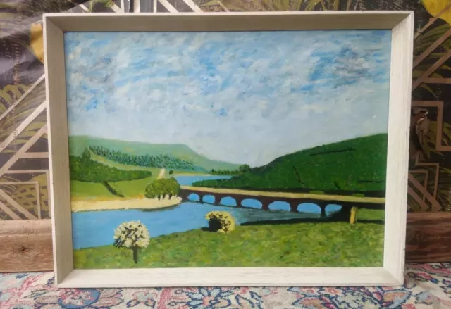 Vintage Amateur Art Oil On Board Landscape Impressionist Painting Cream Frame