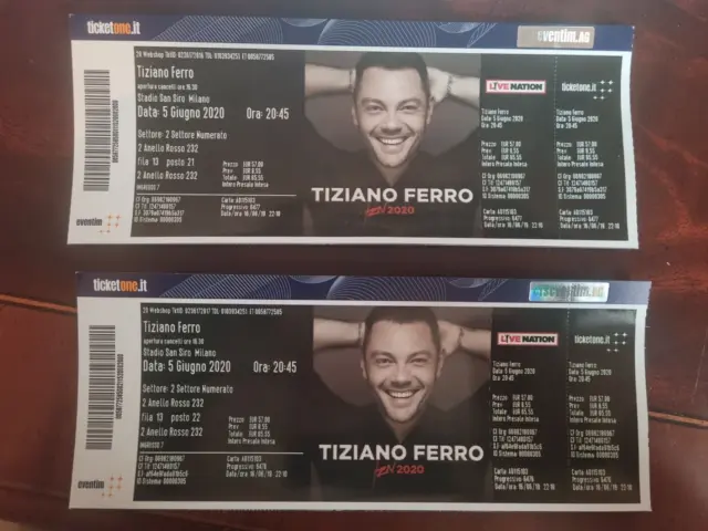 2 Biglietti Concerto Tiziano Ferro 15 Giugno 2023 Milano San Siro