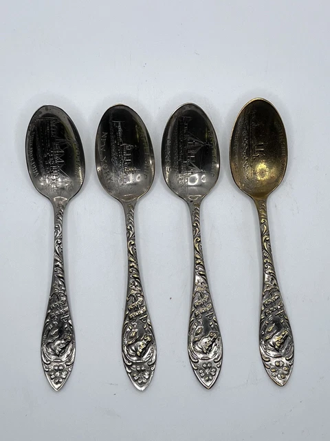 SOUVENIR SPOONS SET Of 4 Extra Coin Silverplate Good Luck