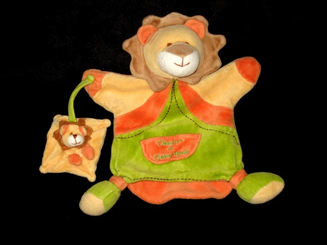 Doudou et Compagnie Marionnette Lion bébé marron beige orange jaune vert DC1486