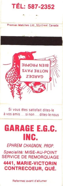 Contrecoeur Quebec Canada Garage E.G.C. Inc., Vintage Matchbook Cover