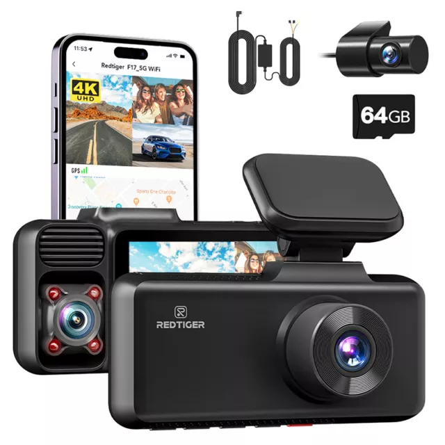 REDTIGER 4K 5G WiFi 3 Channel Dash Cam Front and Rear Inside with Hardwire Kit