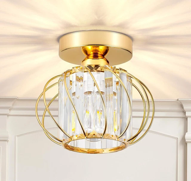 Modern Gold Crystal Ceiling Light Fixture Semi Flush Mount Chandelier Hallway UK