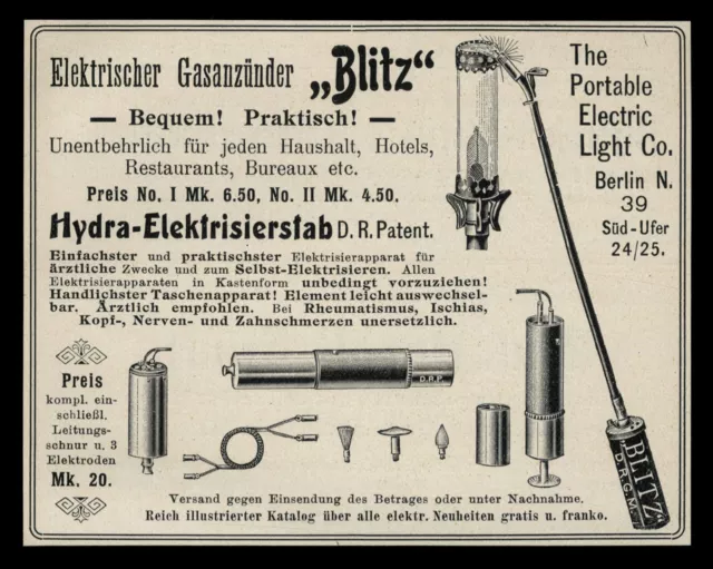 Alte Werbung Reklame 1905 Elektrischer gasanzünder "Blitz" Hydra-Elektrisierstab