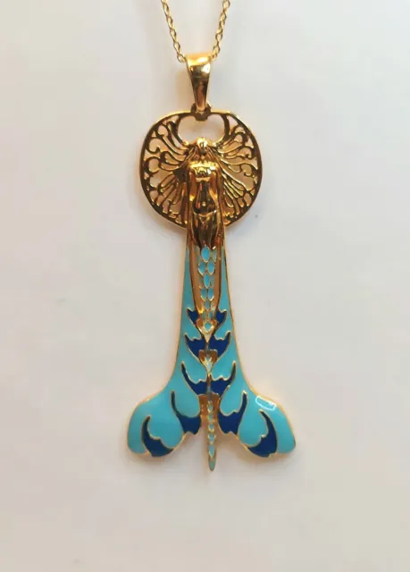 Beautiful Art Nouveau Inspired Necklace 925 Sterling w Gold & Enamel Plating