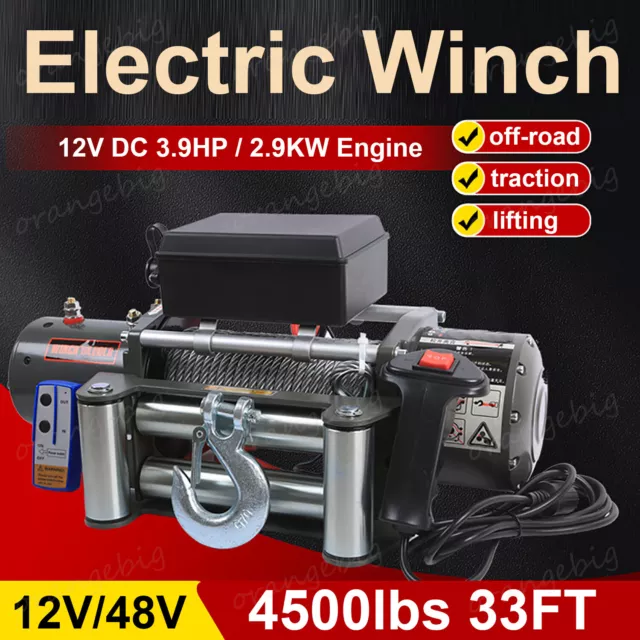 12v Electric Winch Steel Cable 4500lb Heavy Duty ATV Truck Trailer Boat Recovery