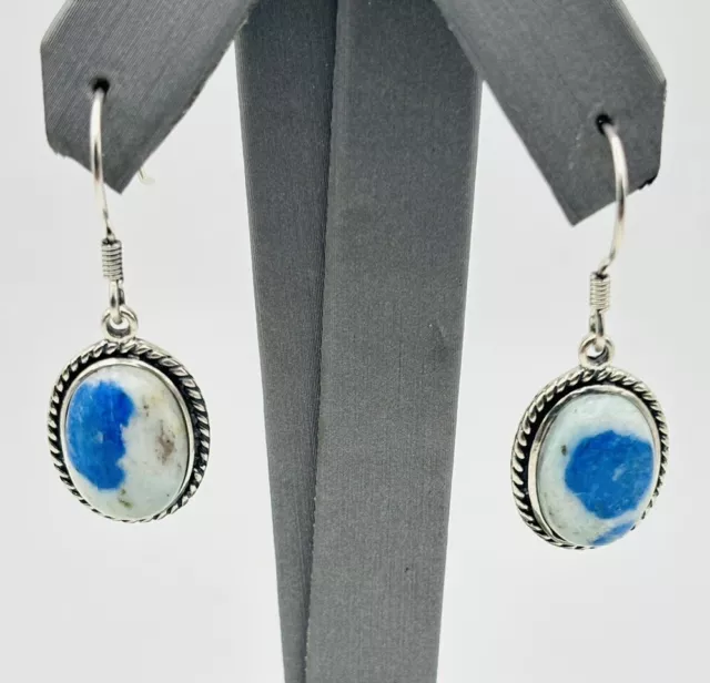 Vintage Sterling Silver Blue White Jasper Cabachon Dangling Earrings