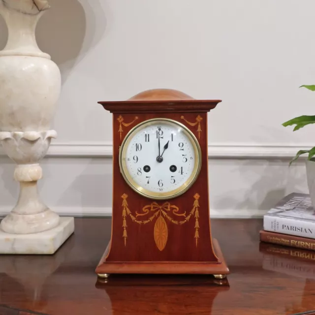 Antique Mantel Clock French Art Nouveau Mahogany Marquetry Inlaid Restored