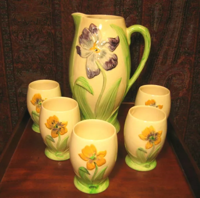 VINTAGE ART DECO LEMONADE SET YELLOW WITH IRISES SHORTER & SON C1930's MAJOLICA