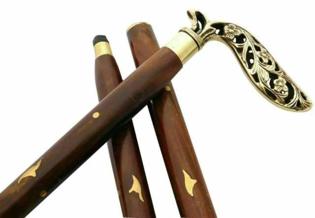 Vintage Beautiful Old Brass Leaf Jali Handle Wooden Designer Walking Stick Canes