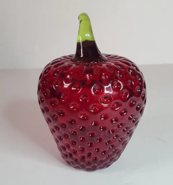 Viking Art Glass Dimpled Red Strawberry Paperweight Fruit Figurine Vintage 3.75"