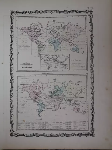 1862 Johnson's Atlas Map ~ WORLD'S - ANIMAL KINGDOM, INDUSTRY ~(14x18)  -#886