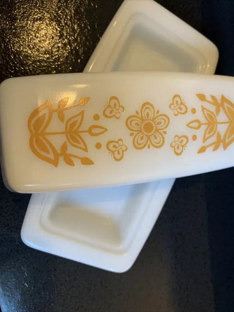 Vintage Pyrex Butter Dish Milk Glass Butterfly Gold Pattern 72B Made in USA Nice