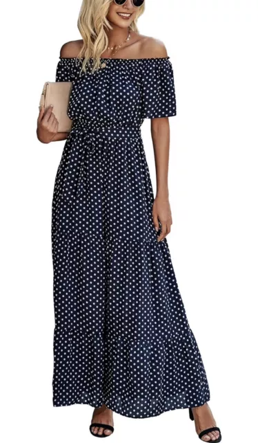 Kirundo Maxi Dress Off The Shoulder Navy & White Polka Dot Flowy Size Large