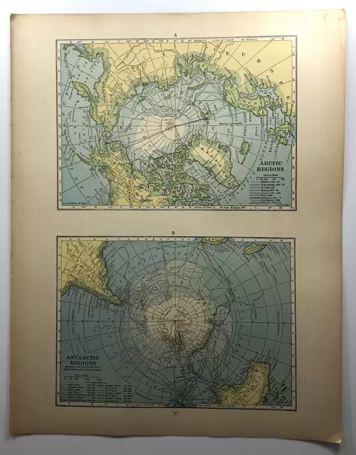 1929 Antique ARCTIC & ANTARCTIC REGIONS Old Atlas Map - Peerless World Atlas