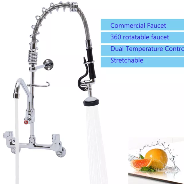 Wall Mount Commercial Kitchen Sink Faucet Chrome 360° Rotate W/ Pull Out Sprayer