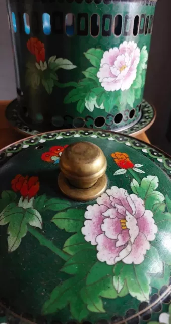 Vintage Large Chinese Cloisonne Hot Pot Set - Complete Exc. Condition - Peonies