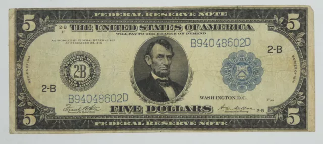 Series 1914 Large Size Blue Seal $5 Fed Res Note 2-B NY FINE Fr#851 No Problems