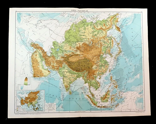 Map of Asia Physical Geography China India Japan Post WW1 Antique Large 1919