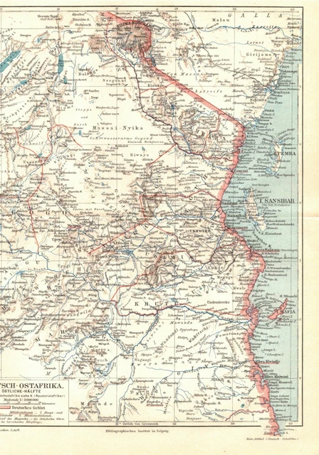 Deutsch - Ostafrika, alte historische Landkarte, Lithographie um 1900 (L227)