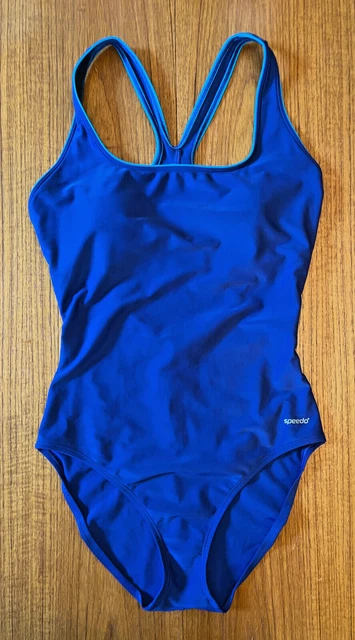Speedo, Classic Cross-Back, Women's 1-Piece Swimsuit, Blue W/Aqua Piping, Sz 14