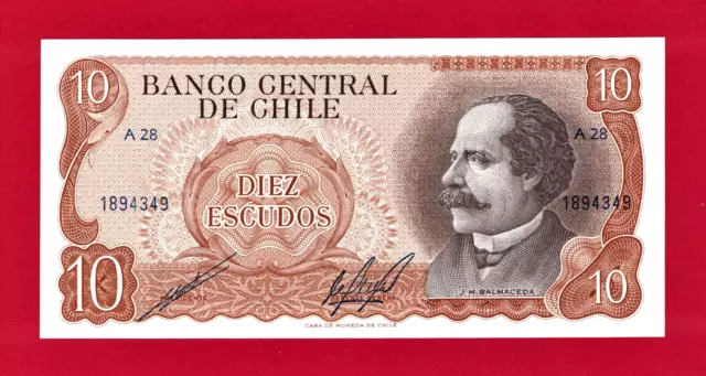 10 ESCUDOS 1967 ND/(1967-1976) CHILE UNC NOTE (P-143a.2) Sign: Quijada & Orrego