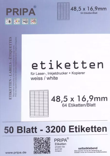 3200 Etiketten 48x16 mm auf DIN A4 = 50 Blatt PRIPA Markenware weiß klebend 3667