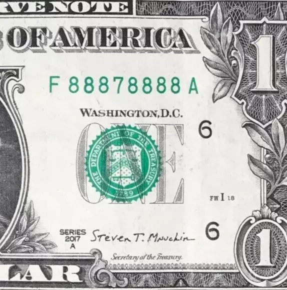 F 88878888 A : BINARY Near Solid 8 's $1 One Dollar Bill Fancy Serial Number