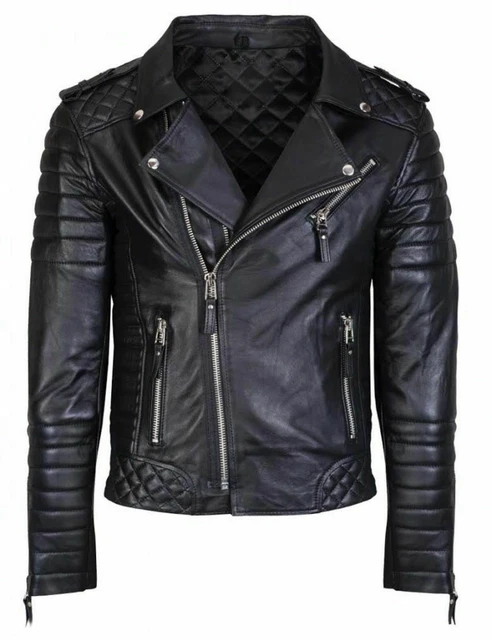Genuine Lambskin Men's Motorcycle Black Biker Quilted Slim Fit Leather Jacket
