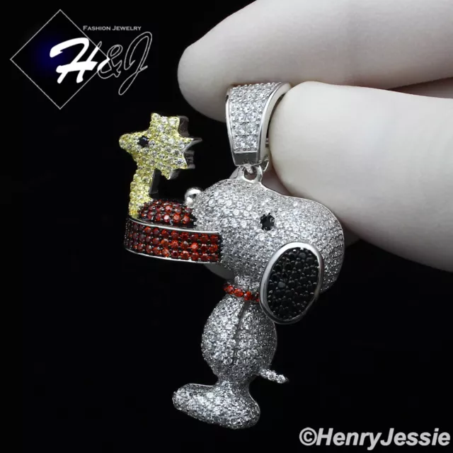 Men Solid 925 Sterling Silver Full Icy Bling Cz 3D Snoopy Dog Pendant*Sp267