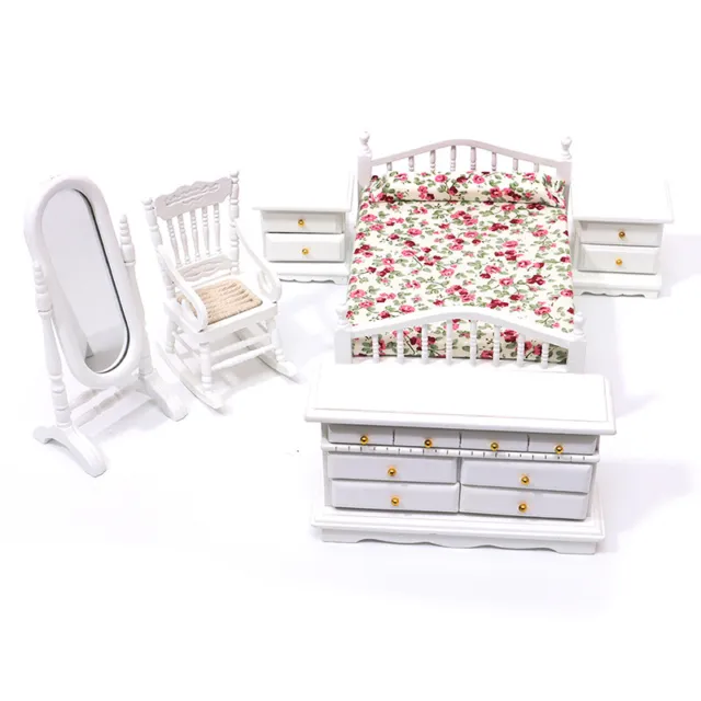 6Pcs 1:12 Dollhouse Miniature White Wooden Bedroom Furniture Set Doll House-d-