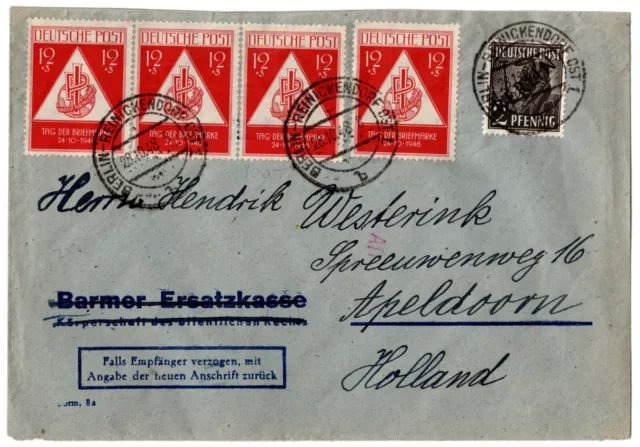 1948, Auslandsbrief von Berlin n. Holland mit 4mal 228 (SBZ) und 1x Berlin Nr. 1